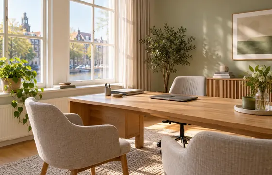 Sunlit workspace with a wooden desk and seating