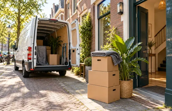 Moving van and packed boxes beside a townhouse