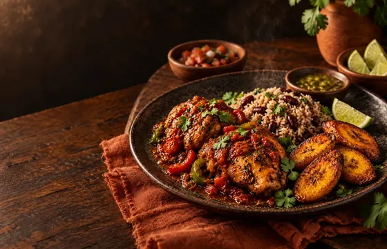 Chicken, rice and plantain served on a rustic table